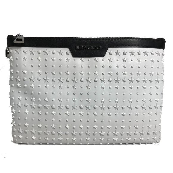 JIMMY CHOO Star Studs DEREK Second Bag Clutch Leather Men's White
